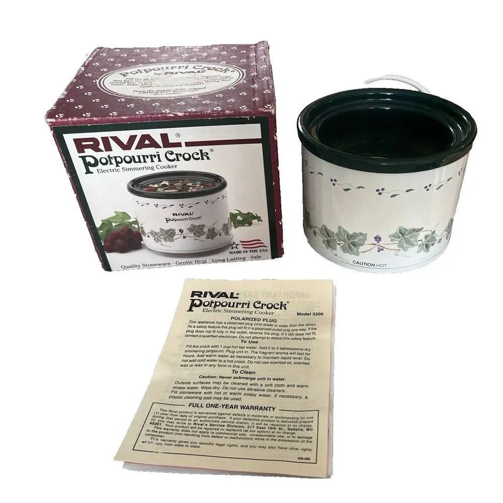Vintage Rival Potpourri Crock Model 3206 Electric Simmer Pot White Green Ivy